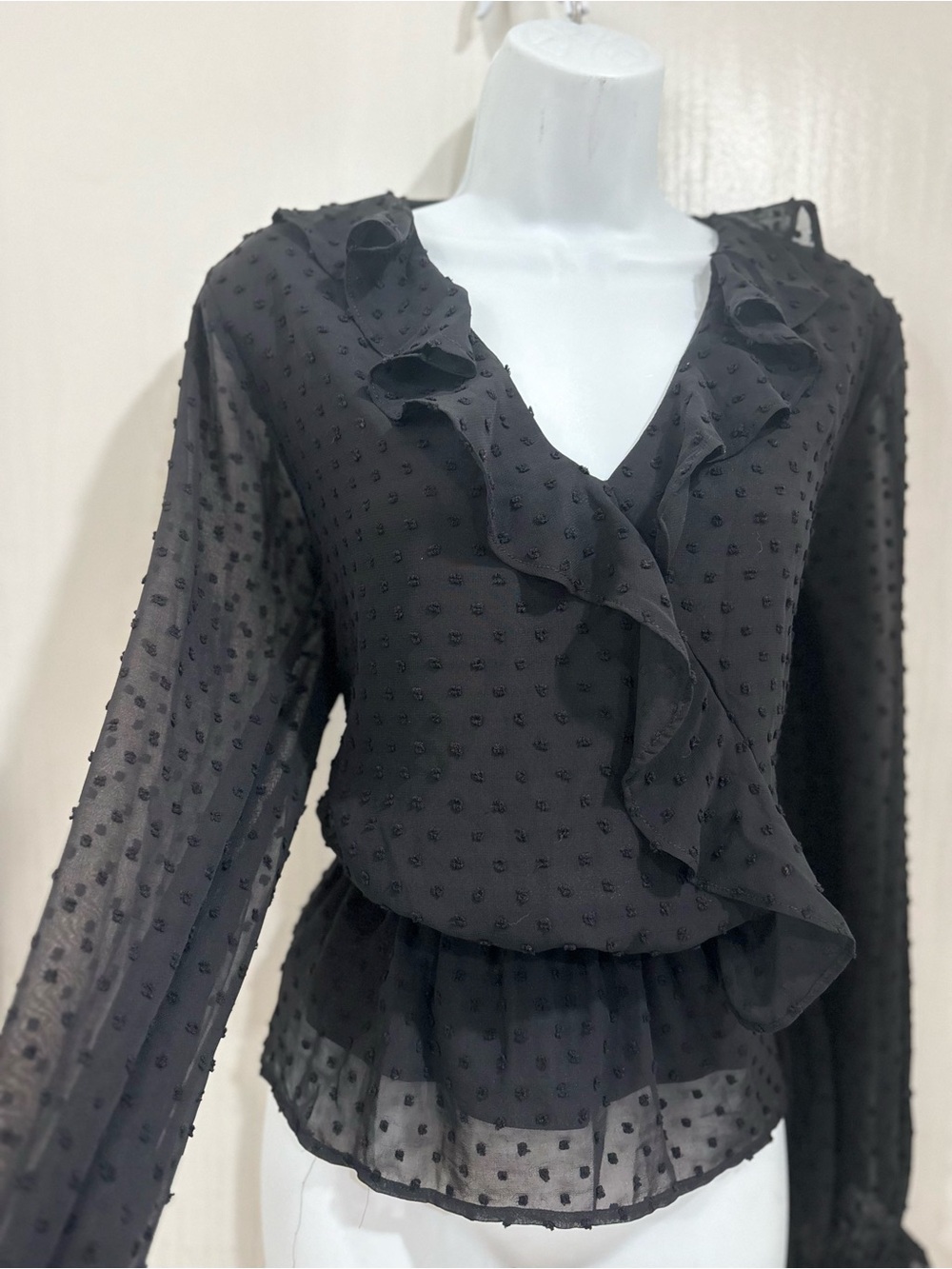 Grace Karin Black Sheer Ruffle V-Neck Blouse